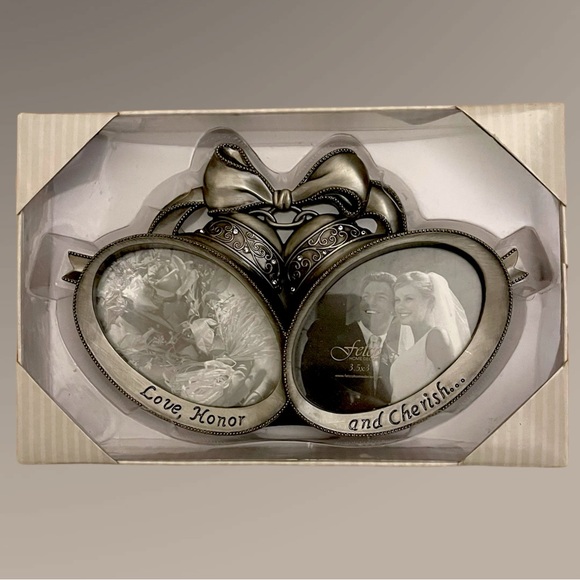 Fetco Wedding Bells Pewter Frame Double Photo Pictures Bling Love Honor Cherish - Picture 6 of 8